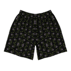 Black shorts with a pattern of green arrows and purple shapes on a white background