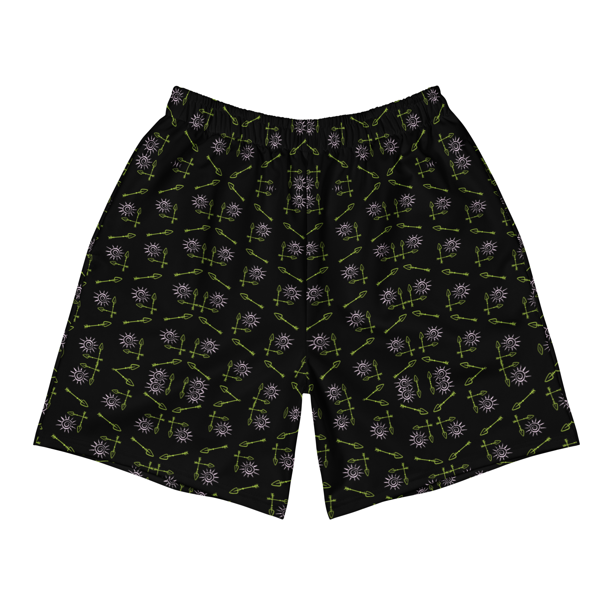 Black shorts with a pattern of green arrows and purple shapes on a white background