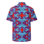Short-sleeve shirt with a vibrant, abstract pattern on a white background