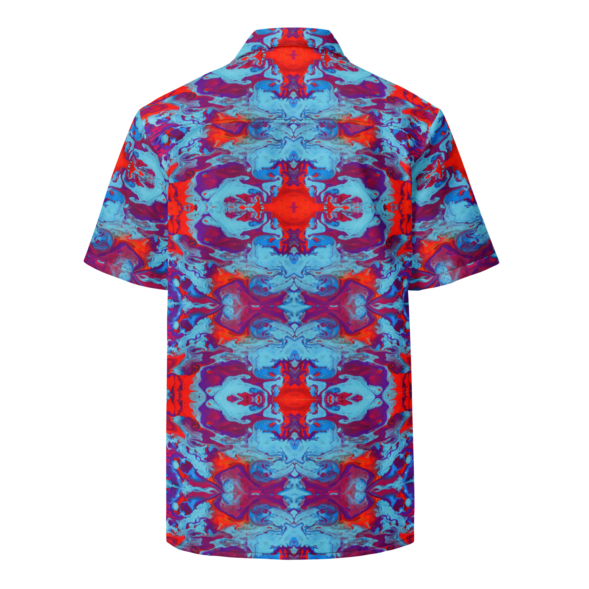 Short-sleeve shirt with a vibrant, abstract pattern on a white background