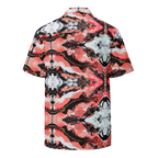 Short-sleeve shirt with a red, black, and white abstract pattern on a white background