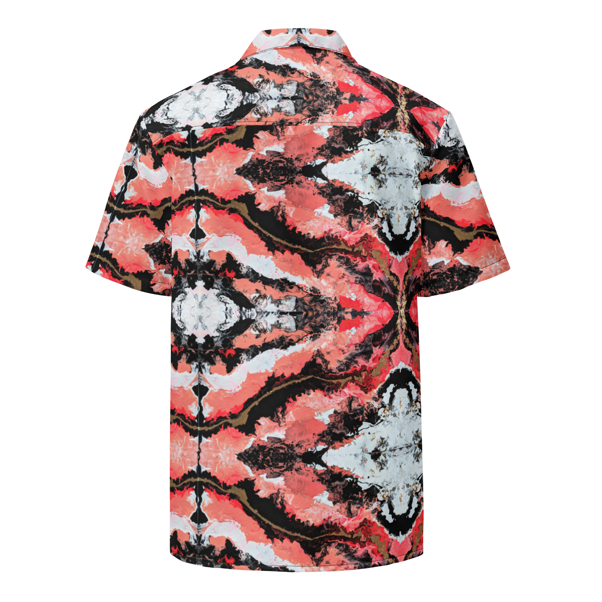 Short-sleeve shirt with a red, black, and white abstract pattern on a white background