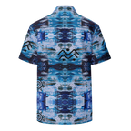 Short-sleeve shirt with a blue and white abstract pattern on a white background