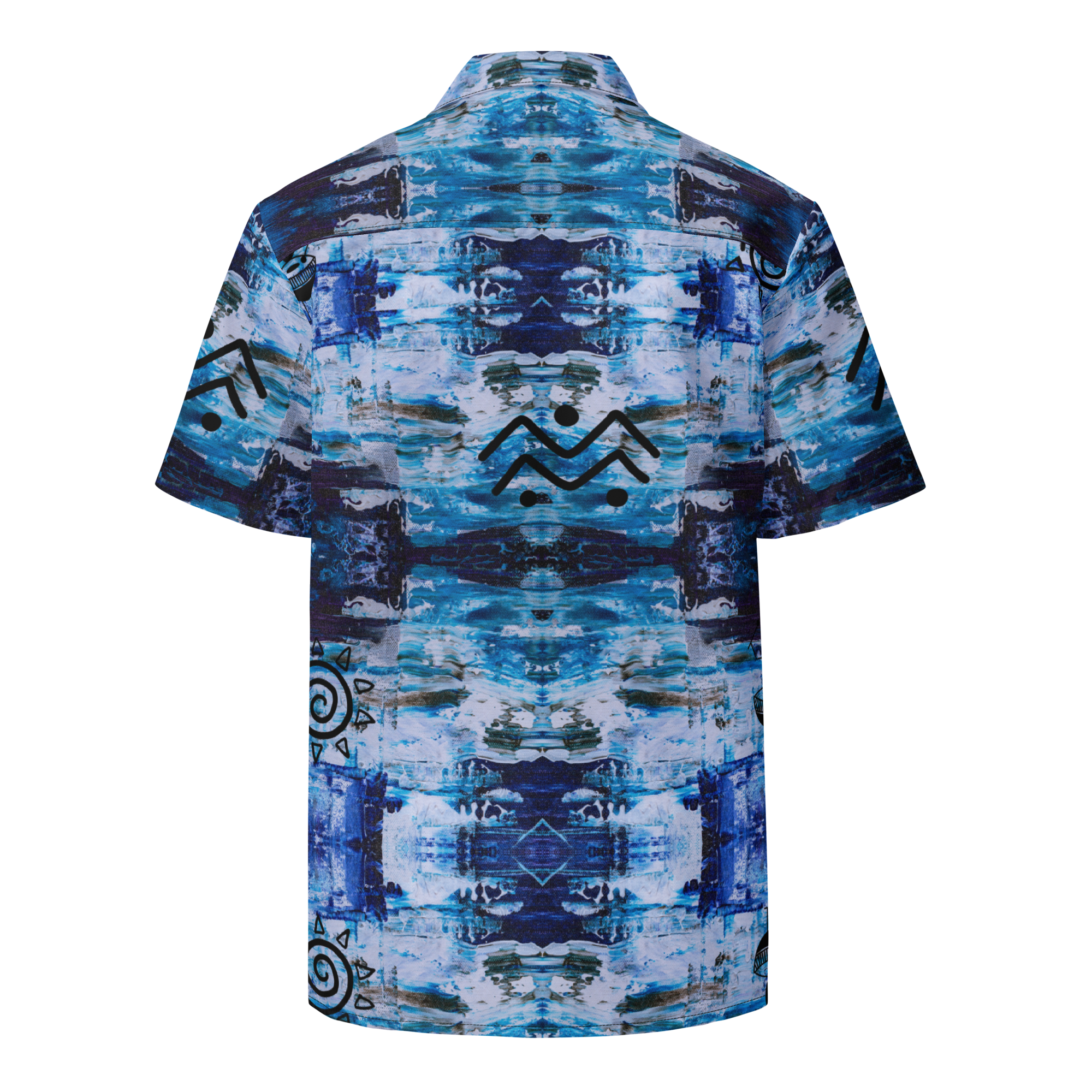 Short-sleeve shirt with a blue and white abstract pattern on a white background