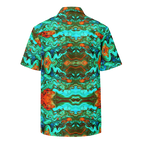 Short-sleeve shirt with a vibrant, multicolored abstract pattern on a white background