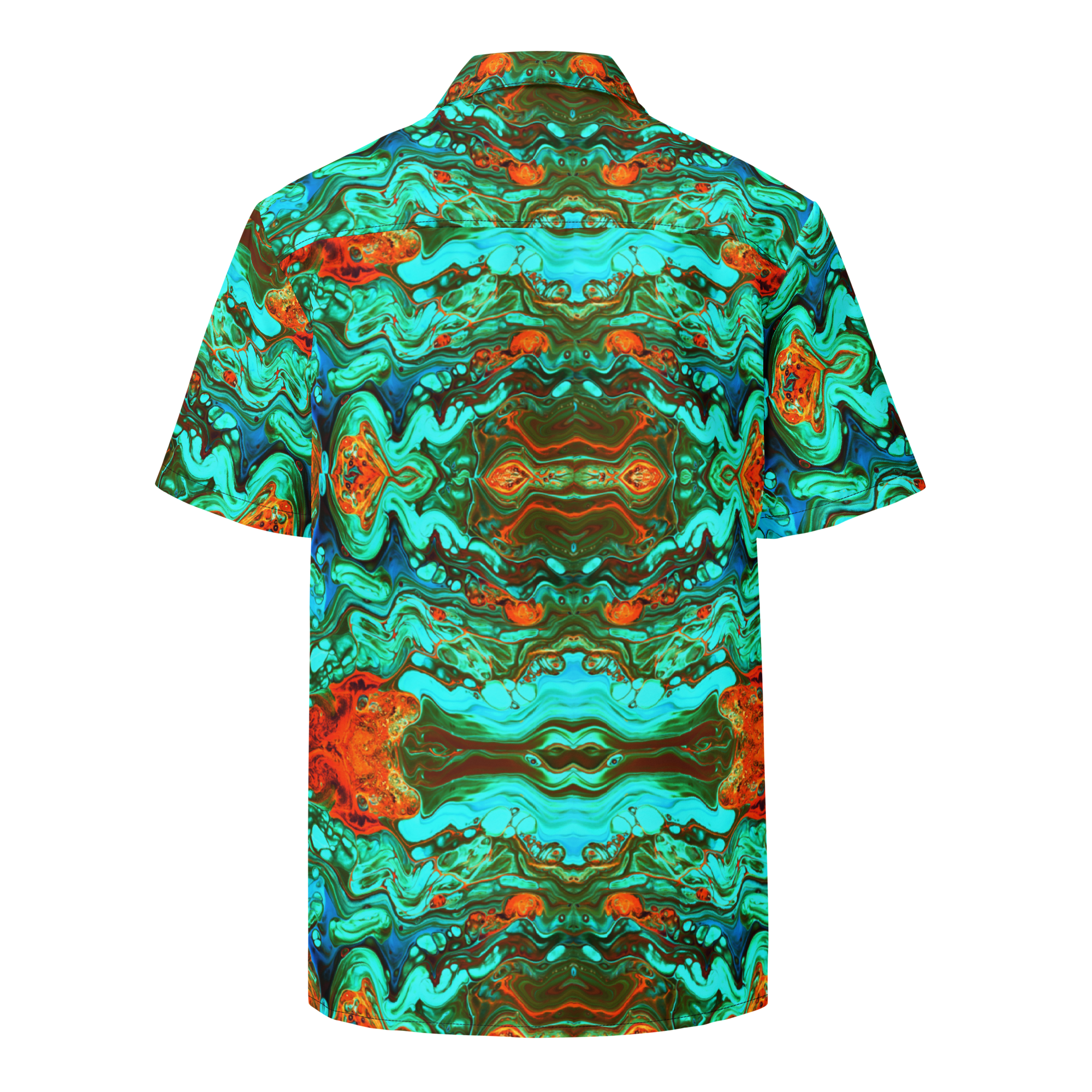 Short-sleeve shirt with a vibrant, multicolored abstract pattern on a white background