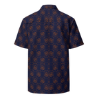 Navy blue shirt with gold pattern on a white background