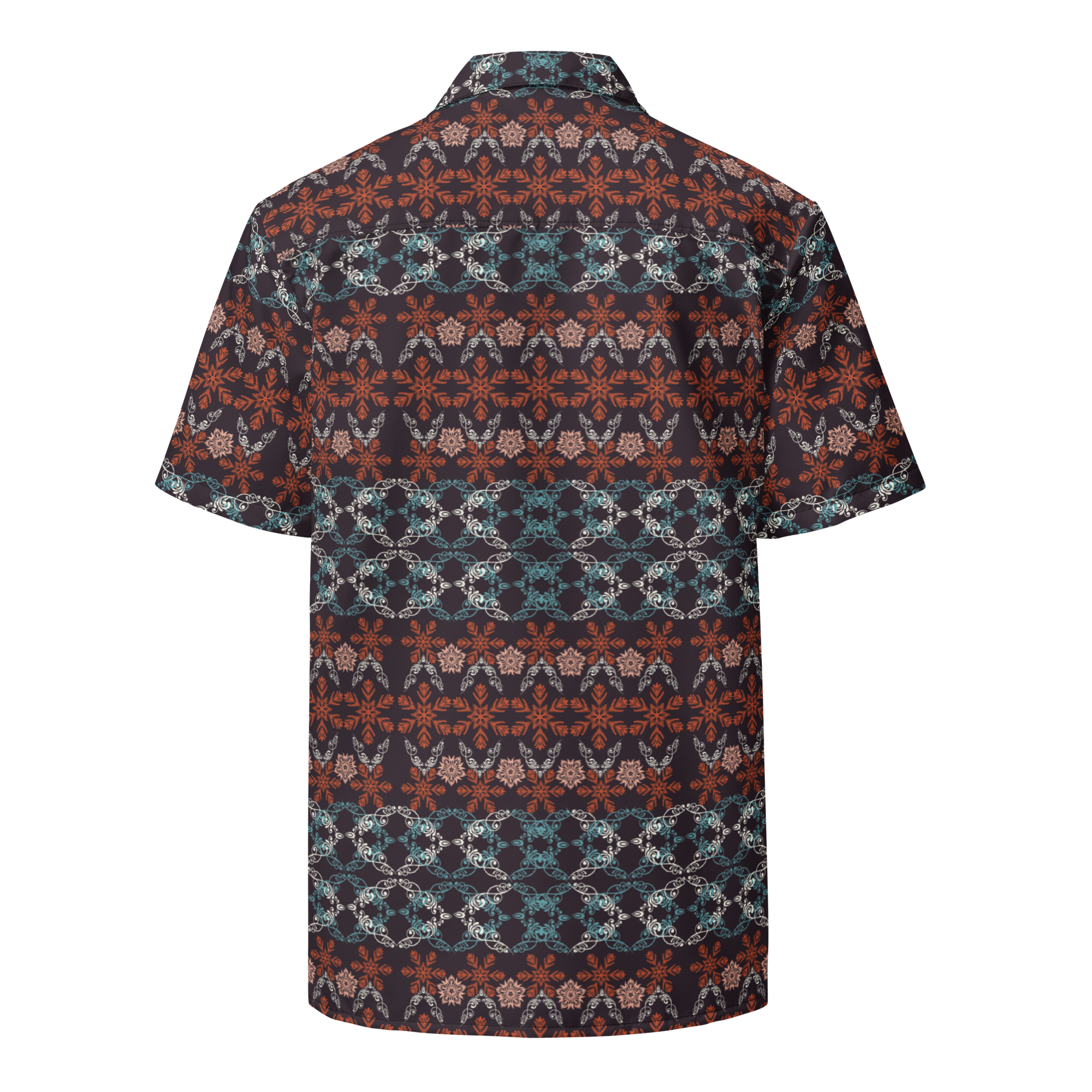 Short-sleeve shirt with a geometric pattern on a white background