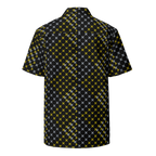 Black shirt with yellow and gray pattern on a white background