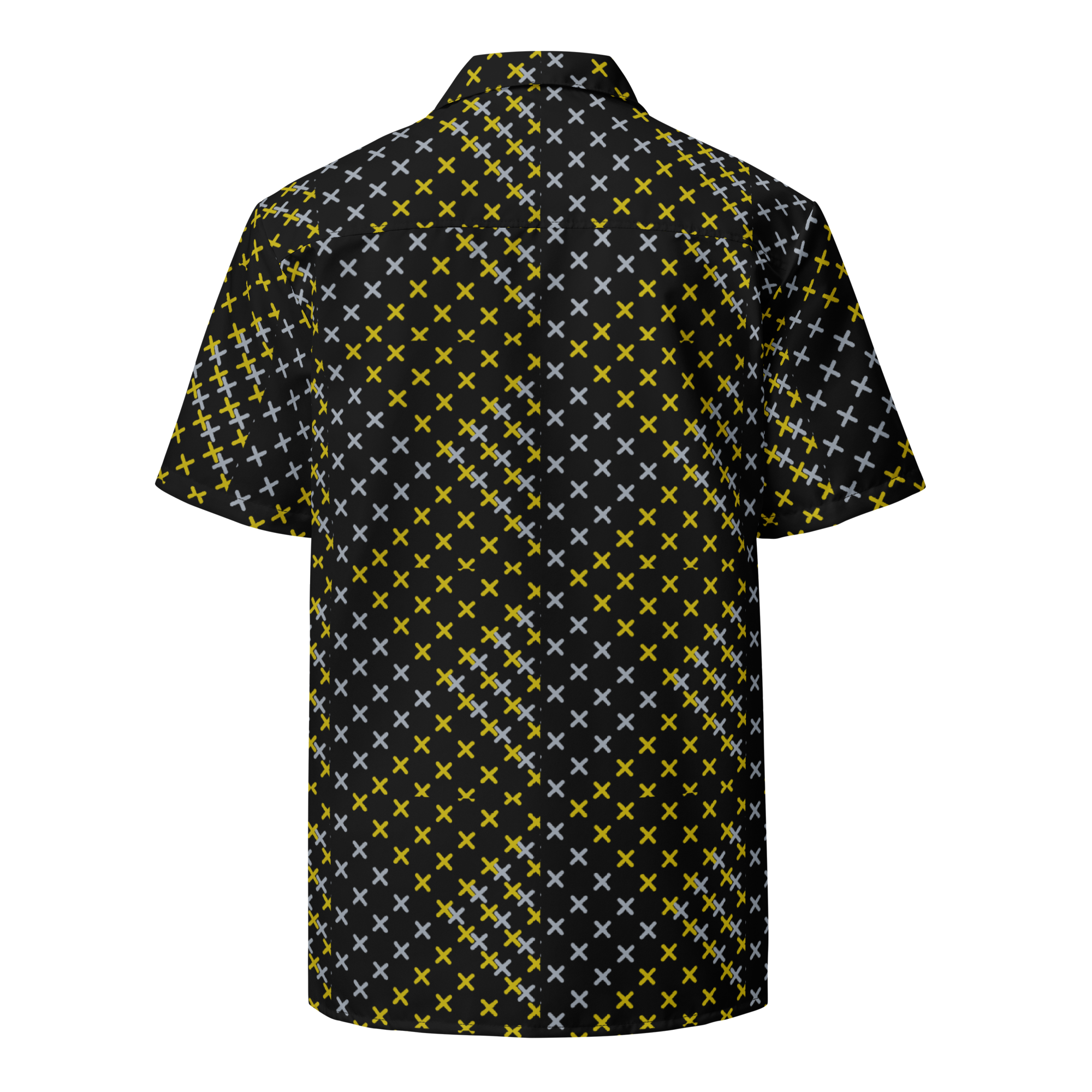 Black shirt with yellow and gray pattern on a white background