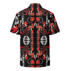 Short-sleeve shirt with a bold red, black, and white pattern on a white background