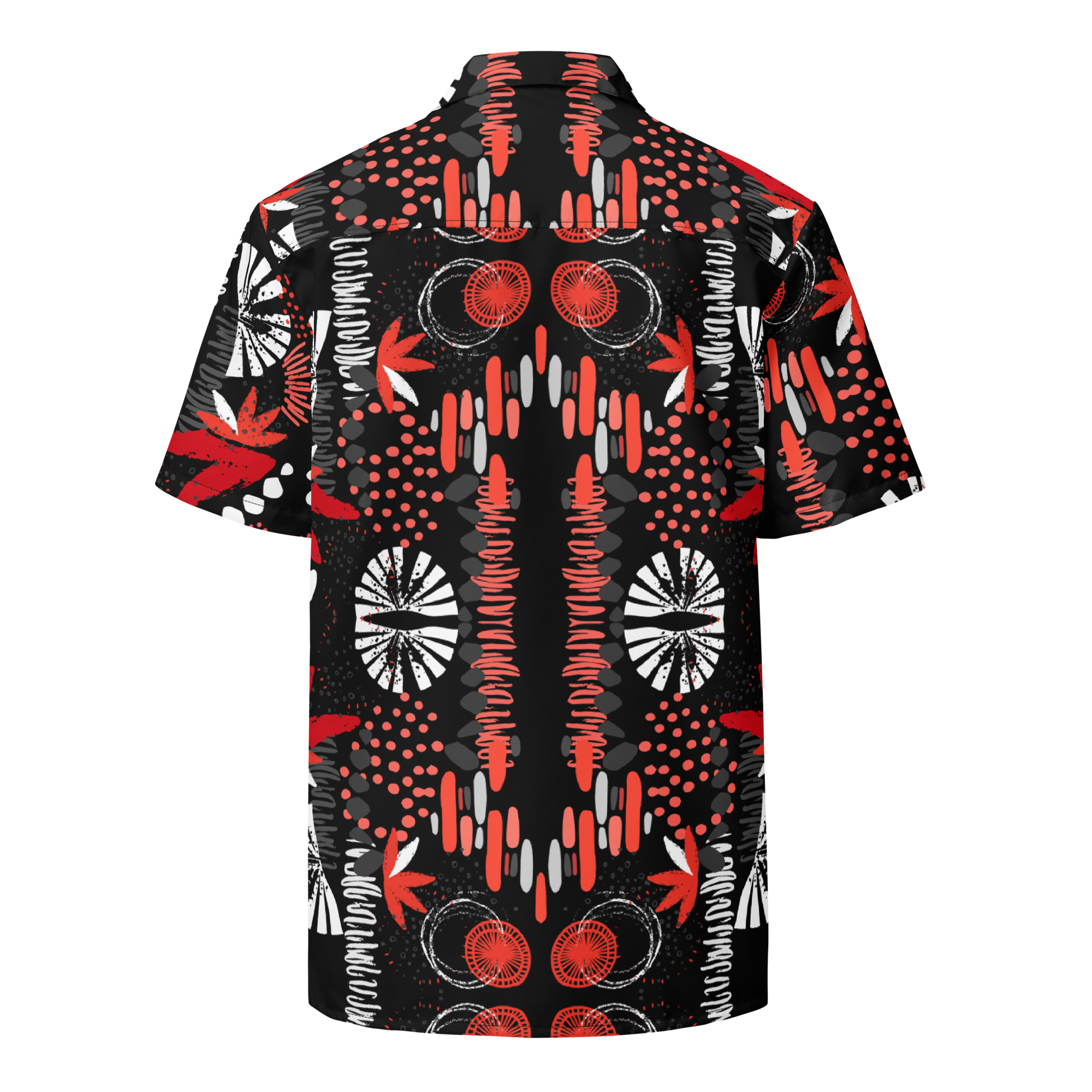 Short-sleeve shirt with a bold red, black, and white pattern on a white background