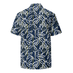 Navy blue shirt with white leaf pattern on a white background