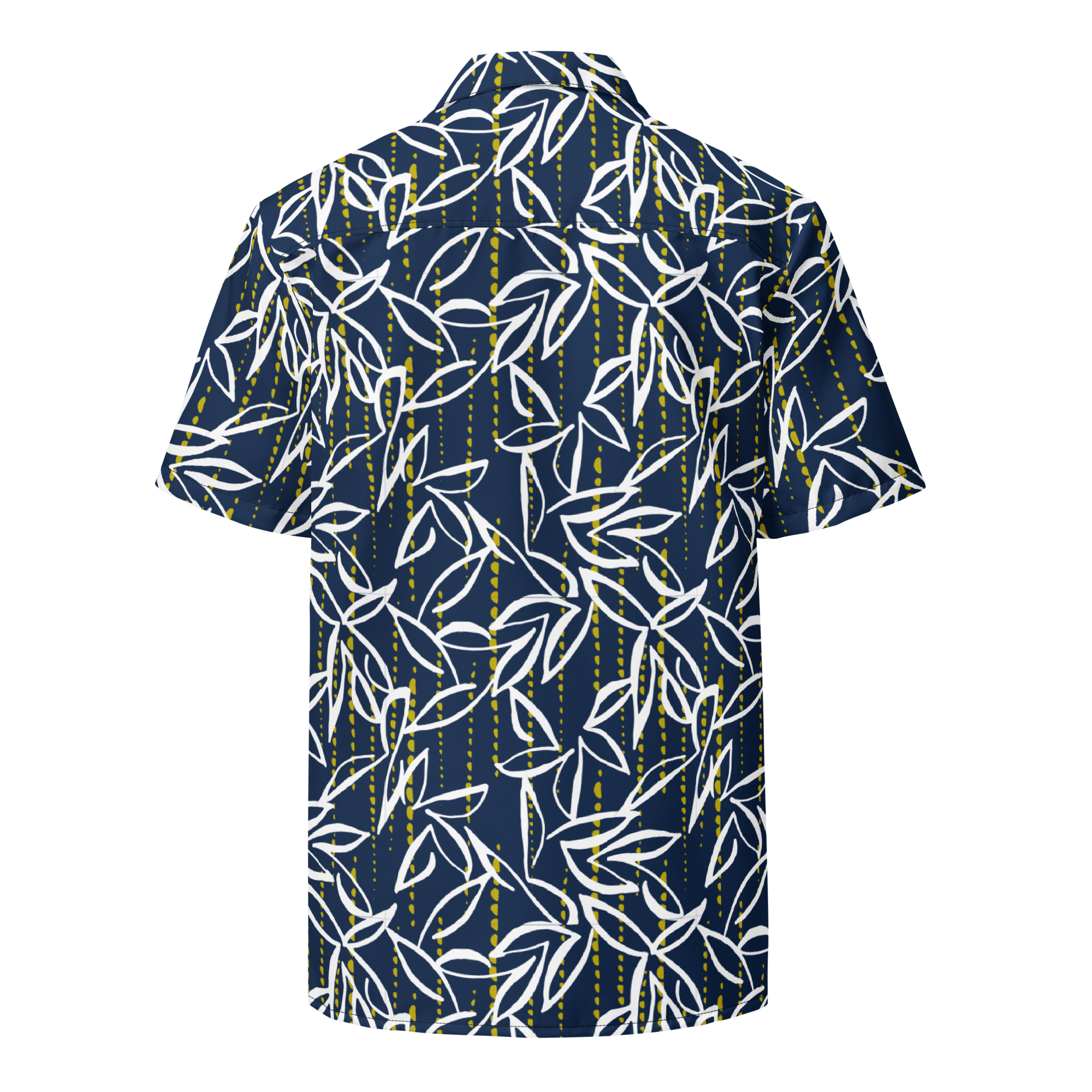 Navy blue shirt with white leaf pattern on a white background