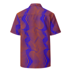 Short-sleeve shirt with a vibrant, abstract pattern on a white background