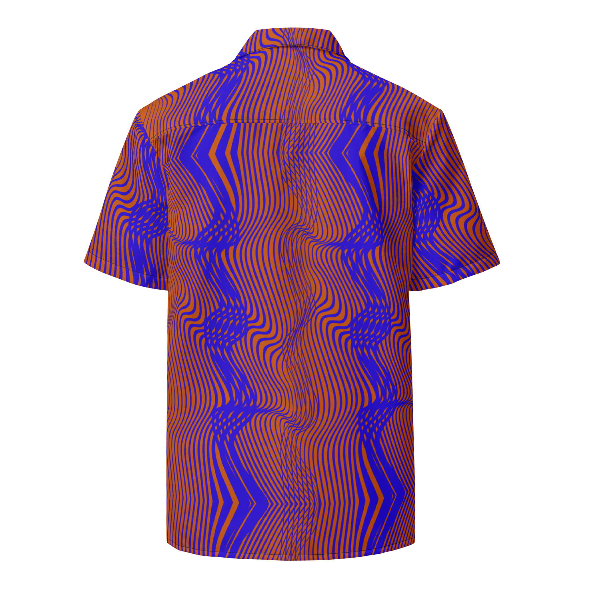 Short-sleeve shirt with a vibrant, abstract pattern on a white background
