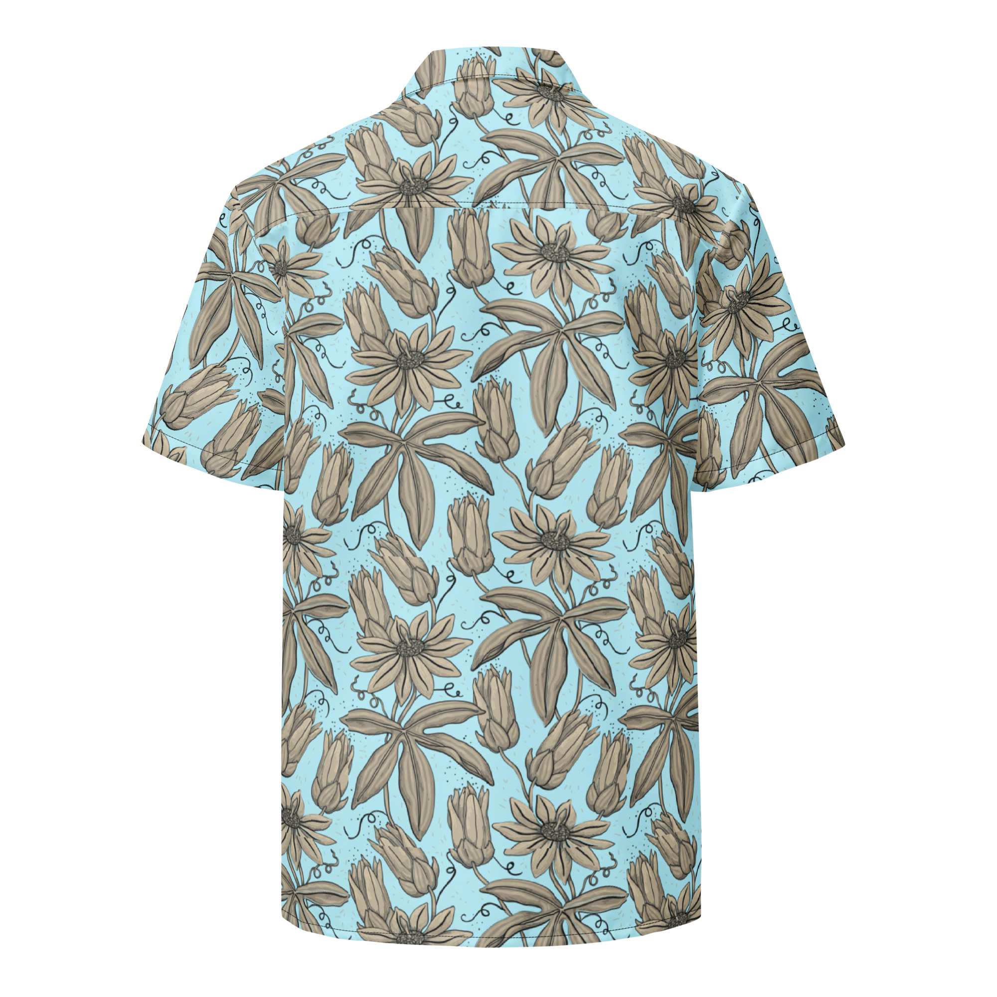 Short-sleeve shirt with a floral pattern on a light blue background