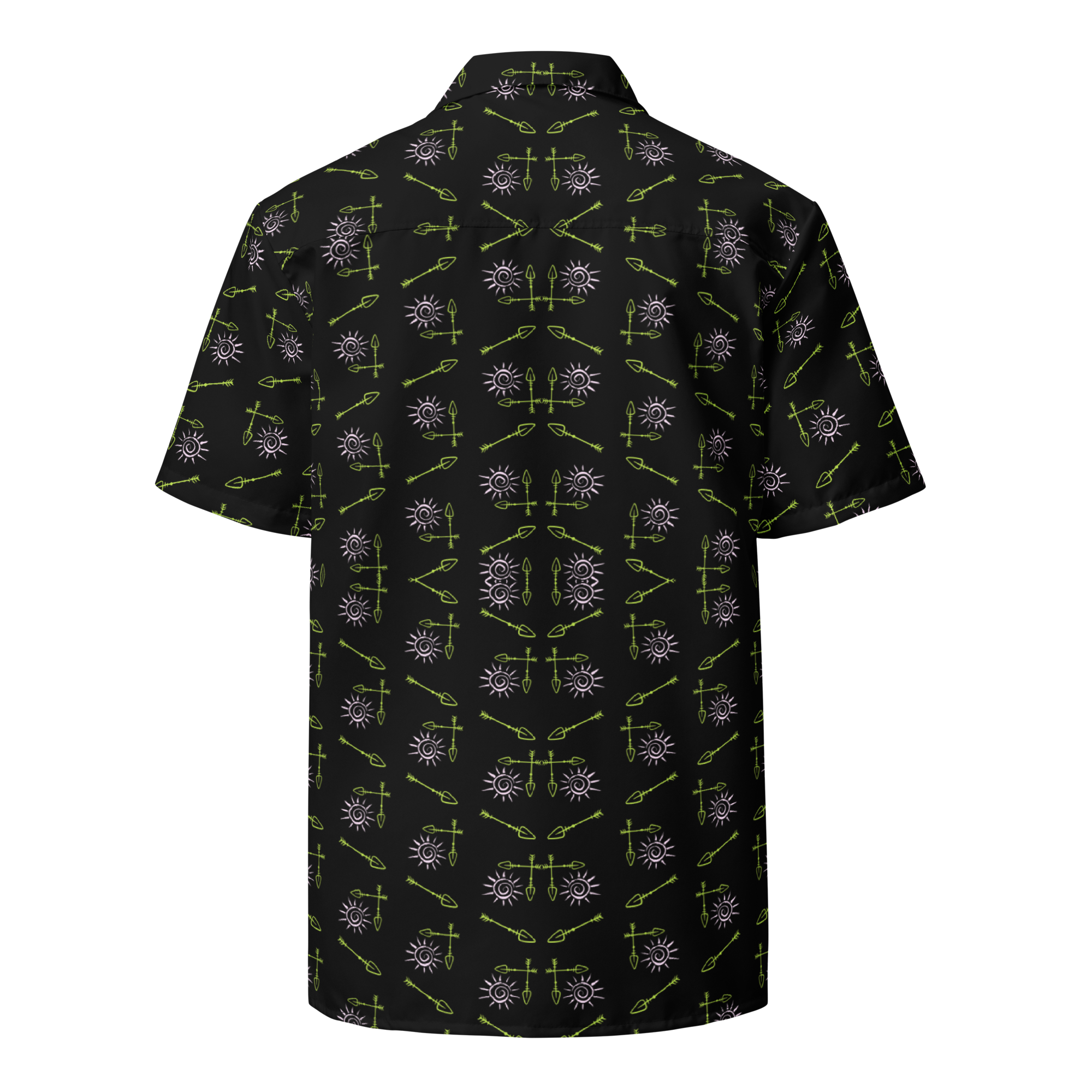 Black shirt with green and white pattern on a white background