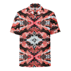 Short-sleeve shirt with a red and black abstract pattern on a white background