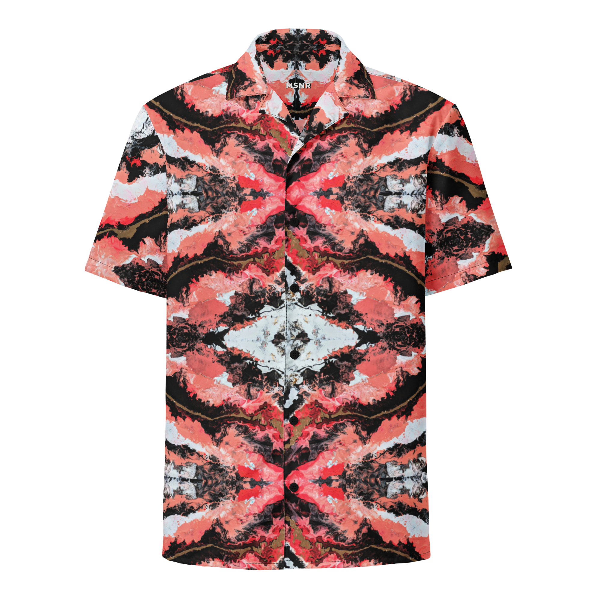 Short-sleeve shirt with a red and black abstract pattern on a white background