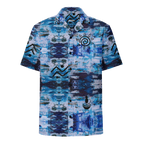Blue patterned shirt with a brand logo on a white background