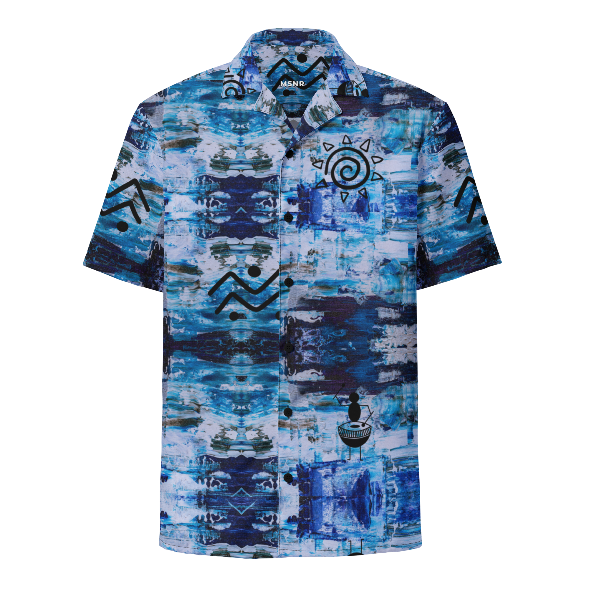 Blue patterned shirt with a brand logo on a white background