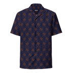Purple short-sleeve shirt with button details on a white background
