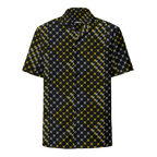 Black polo shirt with yellow and white pattern on a white background