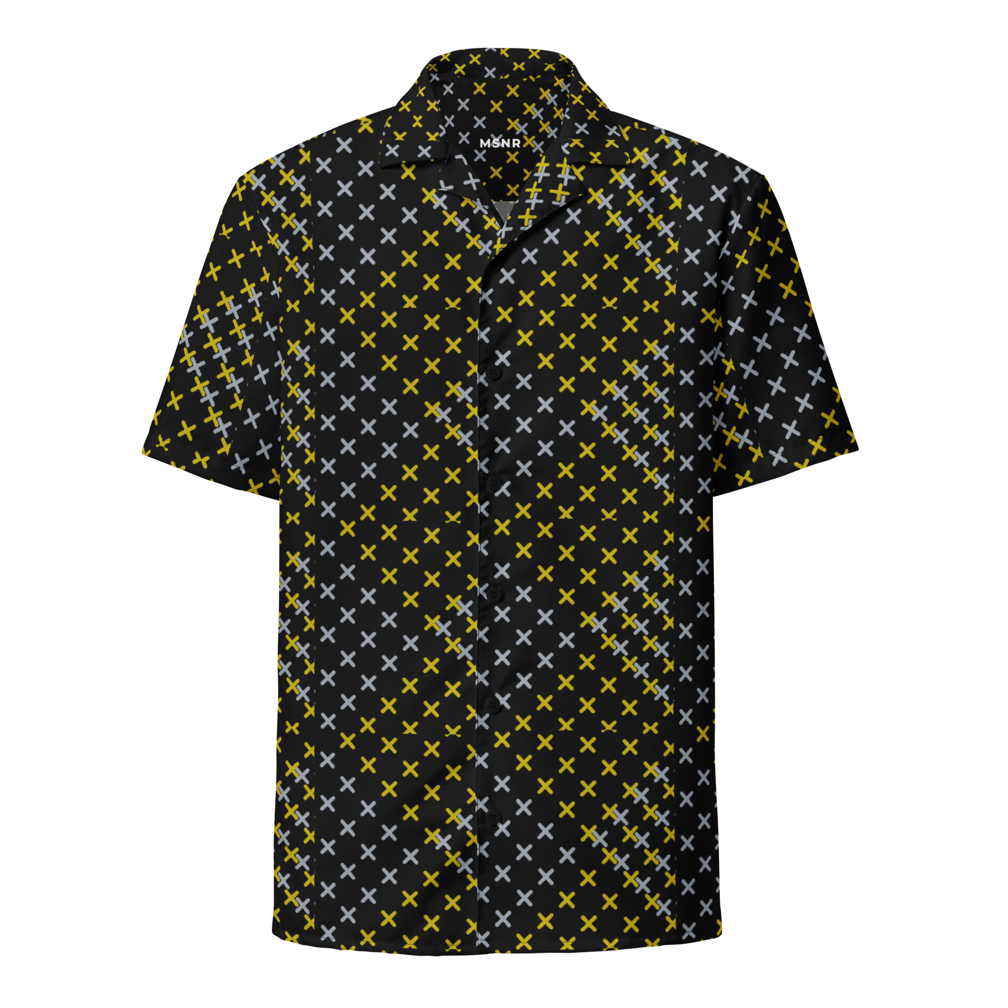 Black polo shirt with yellow and white pattern on a white background
