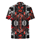 Short-sleeve shirt with a bold red, black, and white pattern on a white background