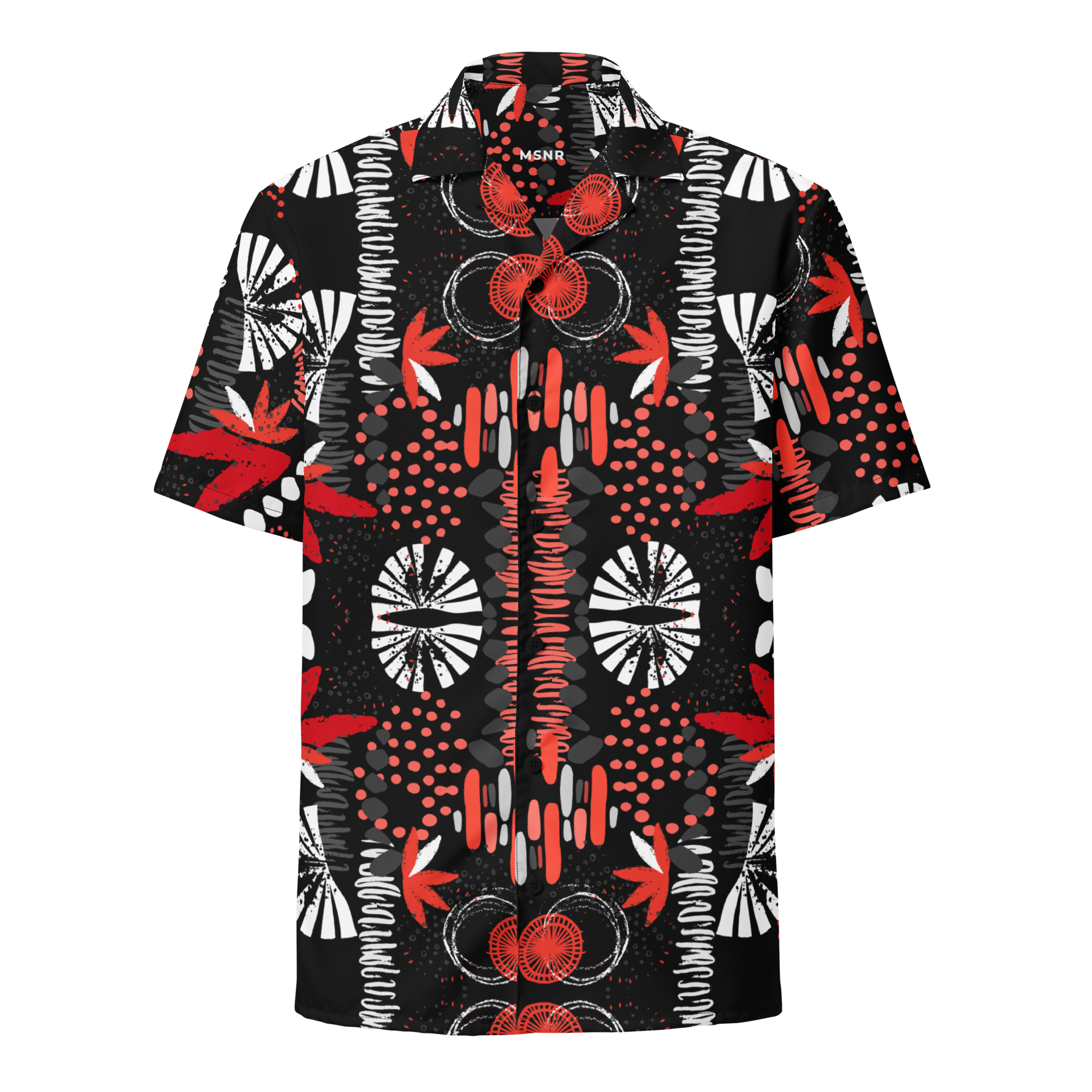 Short-sleeve shirt with a bold red, black, and white pattern on a white background