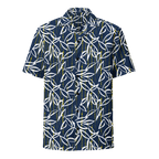 Navy blue shirt with white leaf pattern on a white background