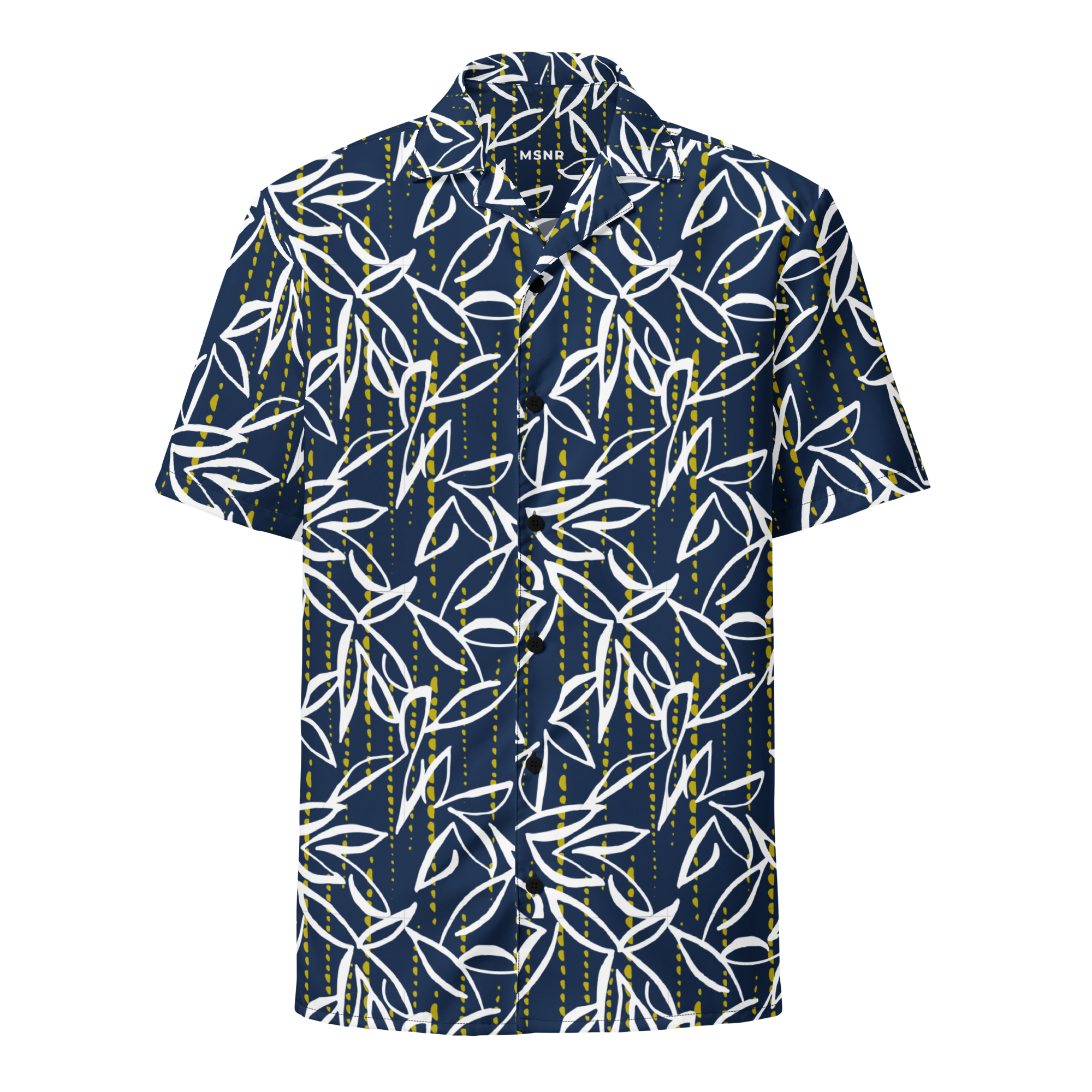 Navy blue shirt with white leaf pattern on a white background