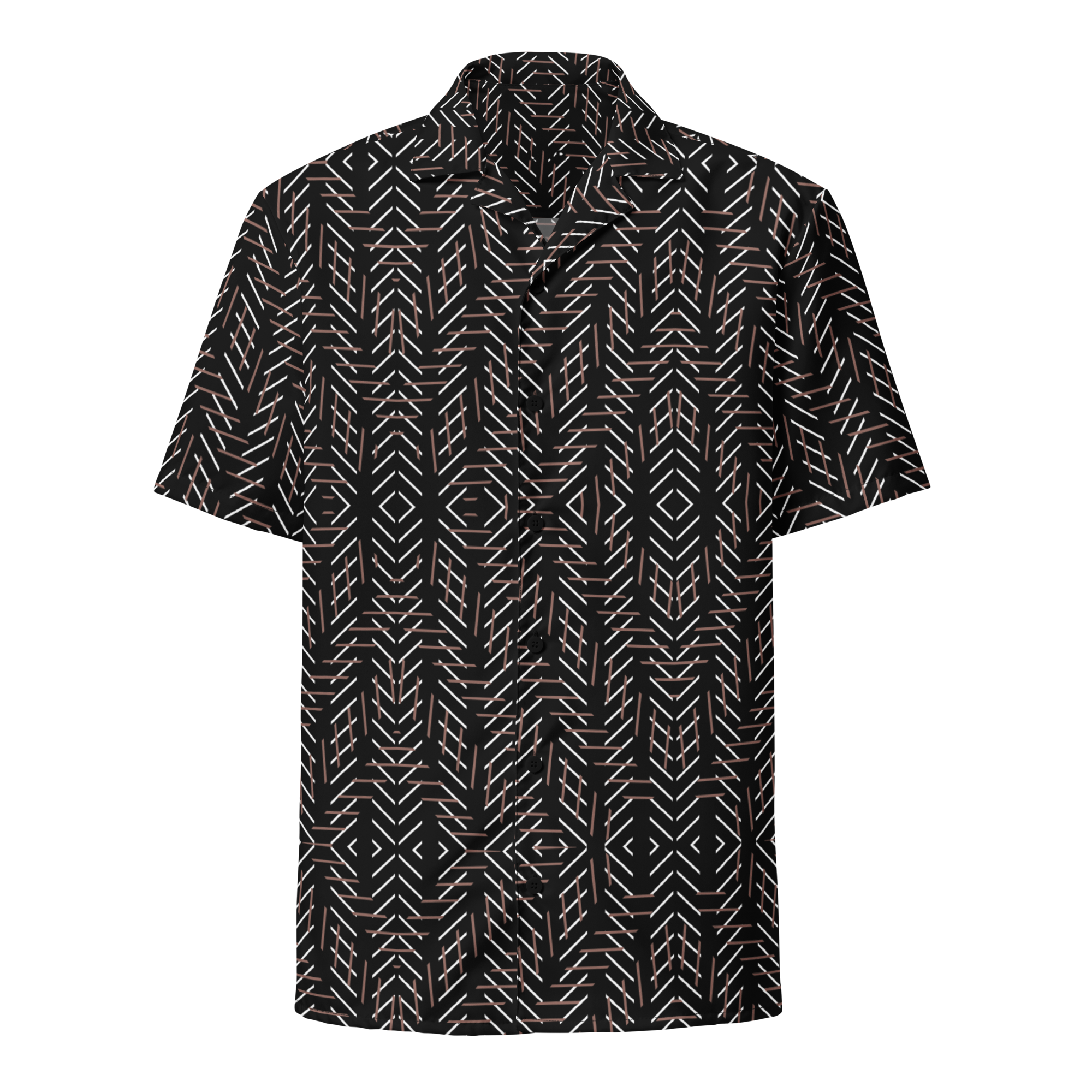 Black short-sleeve shirt with geometric pattern on a white background