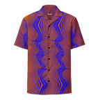 Short-sleeve shirt with a vibrant blue and orange pattern on a white background