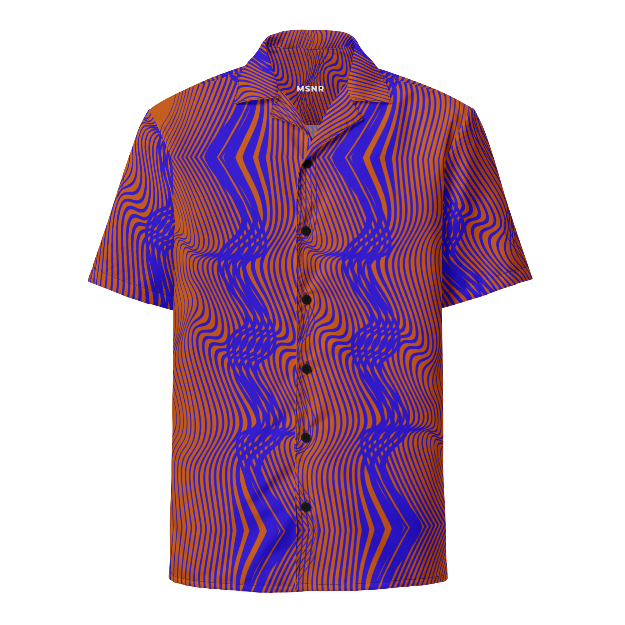 Short-sleeve shirt with a vibrant blue and orange pattern on a white background
