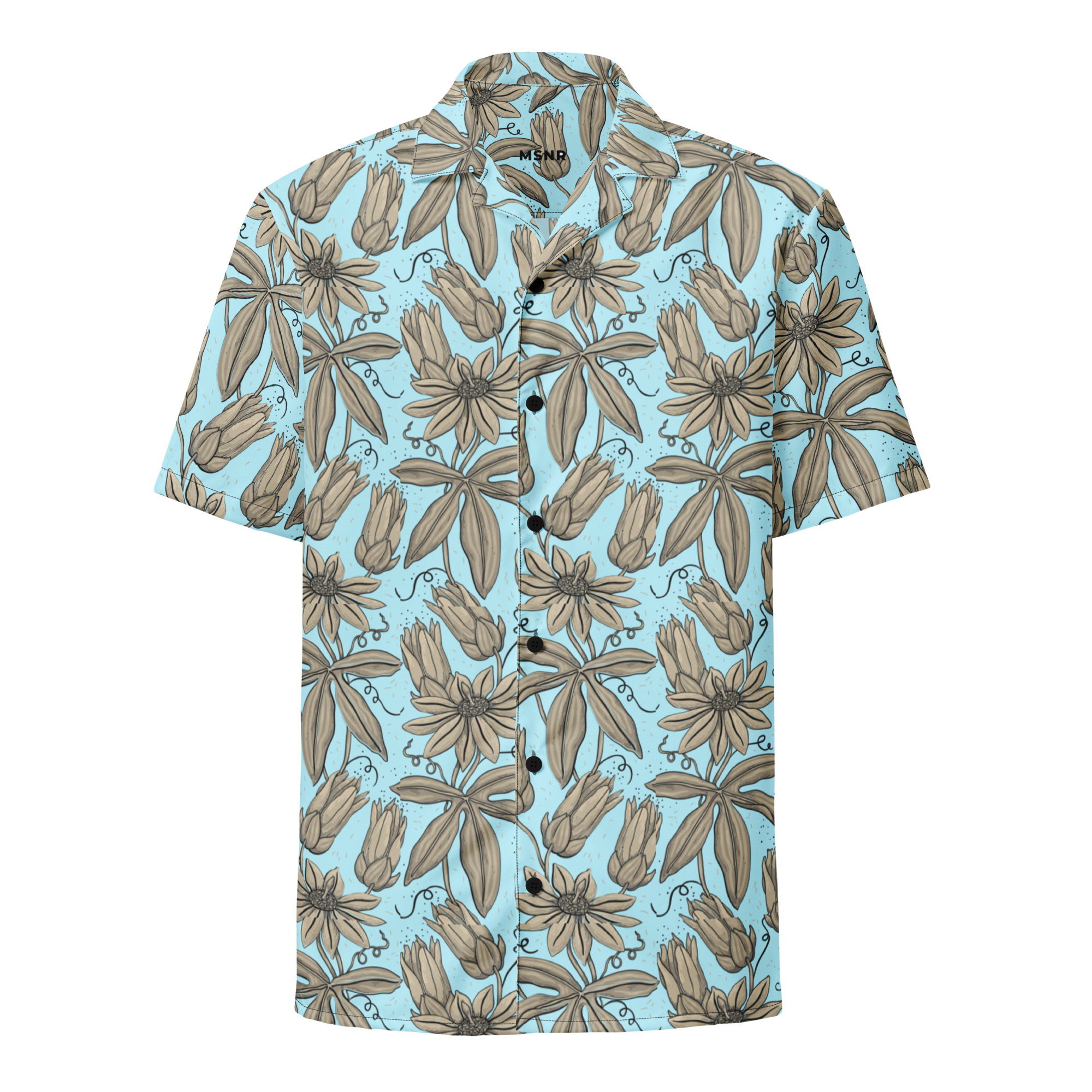 Short-sleeve shirt with floral pattern on a light blue background