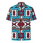 Short-sleeve shirt with a colorful abstract pattern on a white background