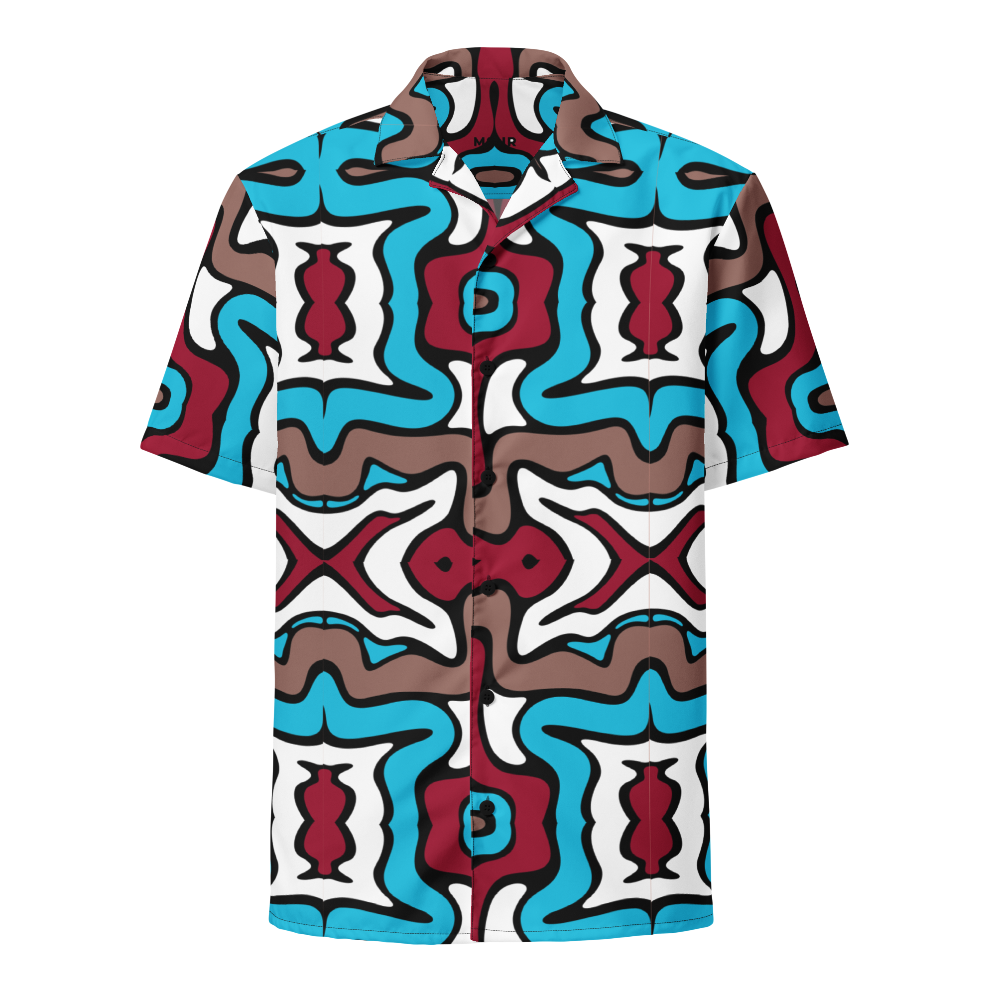 Short-sleeve shirt with a colorful abstract pattern on a white background