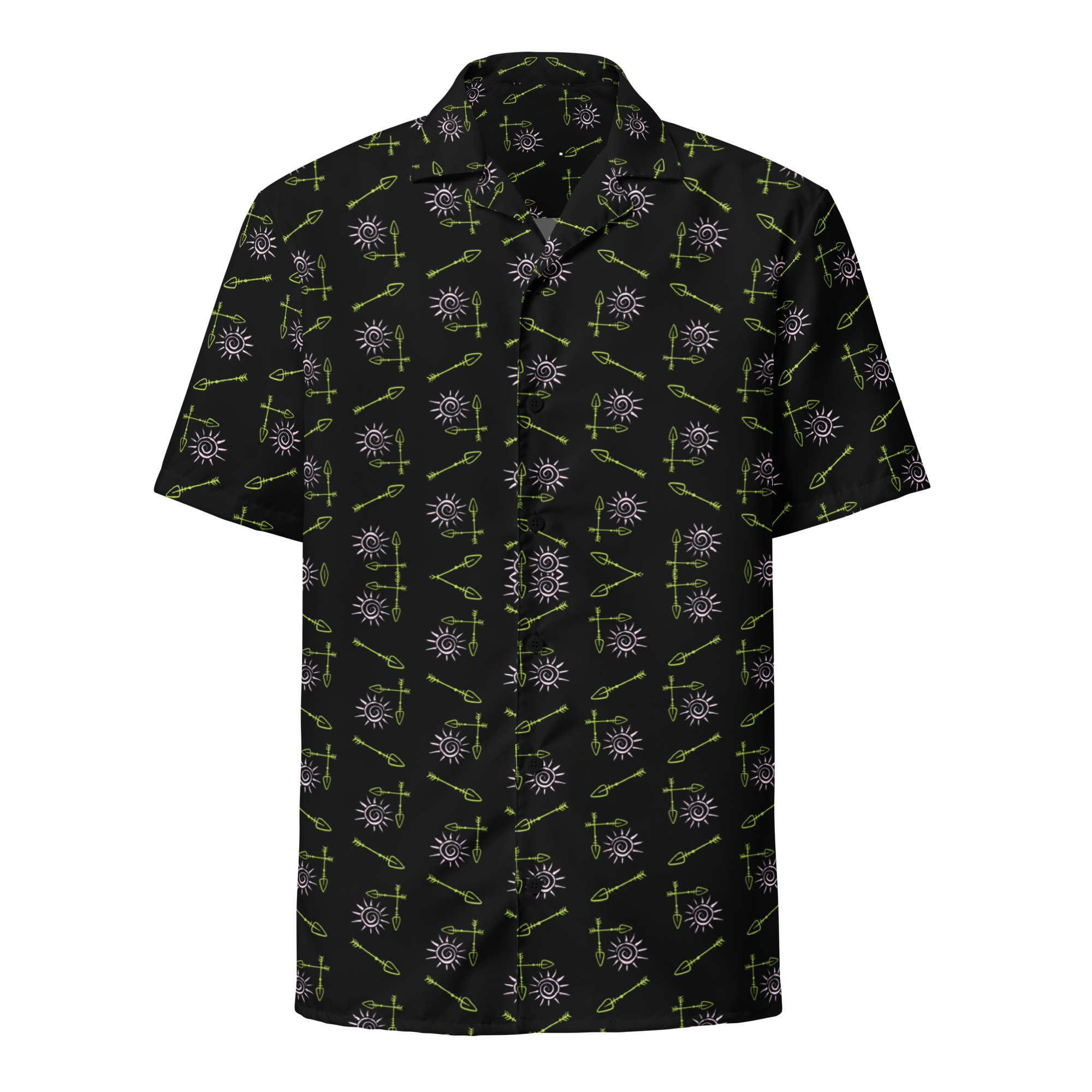 Black short-sleeve shirt with geometric pattern on a white background