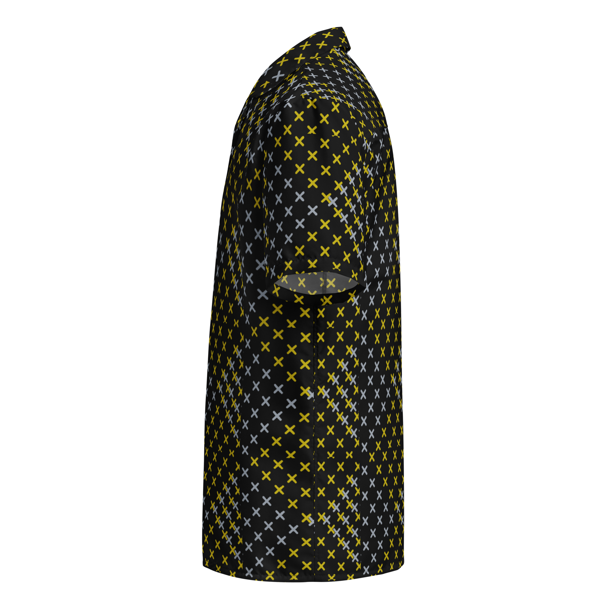 Black shirt with yellow and white pattern on a white background