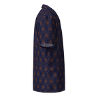 Navy blue shirt with gold pattern on a white background