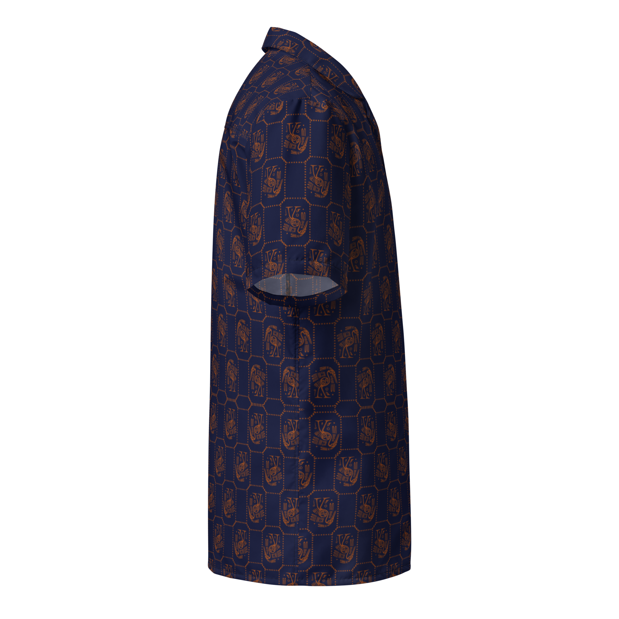 Navy blue shirt with gold pattern on a white background
