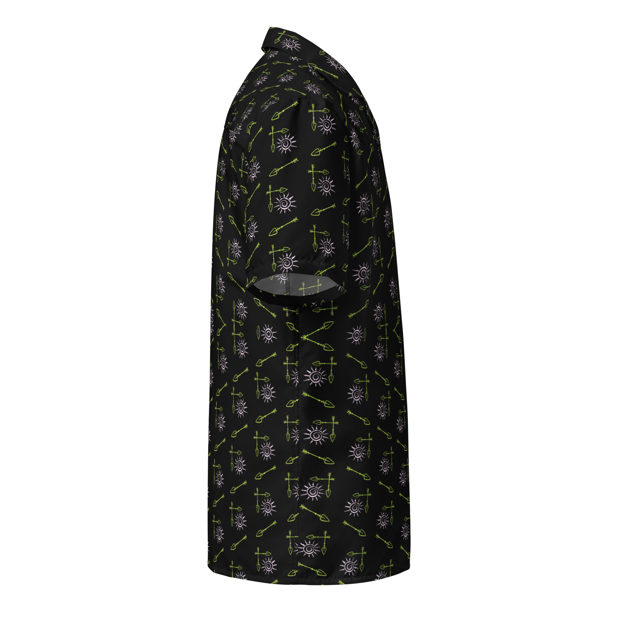 Black shirt with geometric pattern on a white background