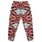 Tie-dye pants with a red, black, and white pattern on a white background