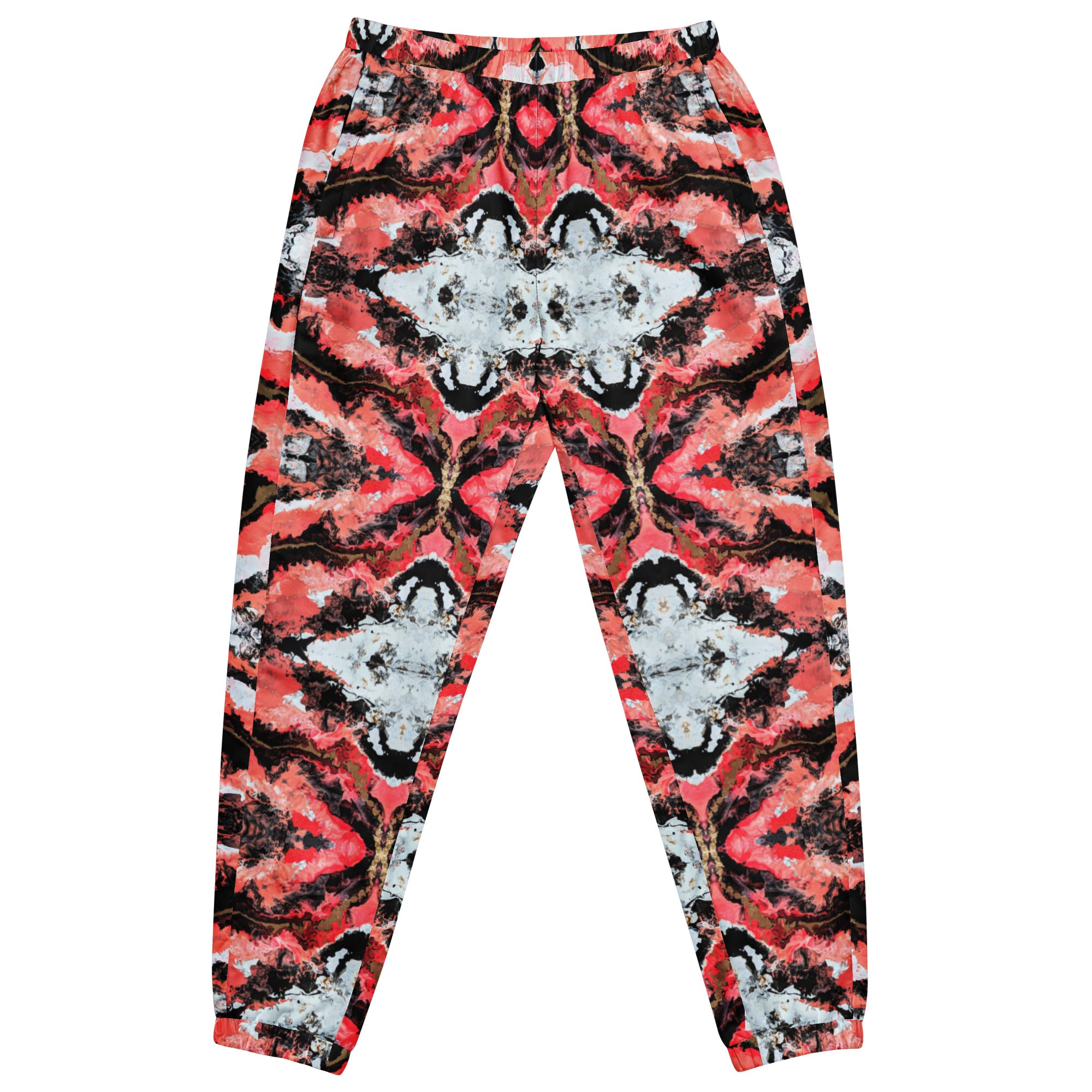 Tie-dye pants with a red, black, and white pattern on a white background