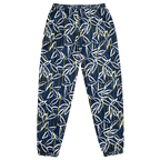 Navy blue pants with white leaf pattern on a white background