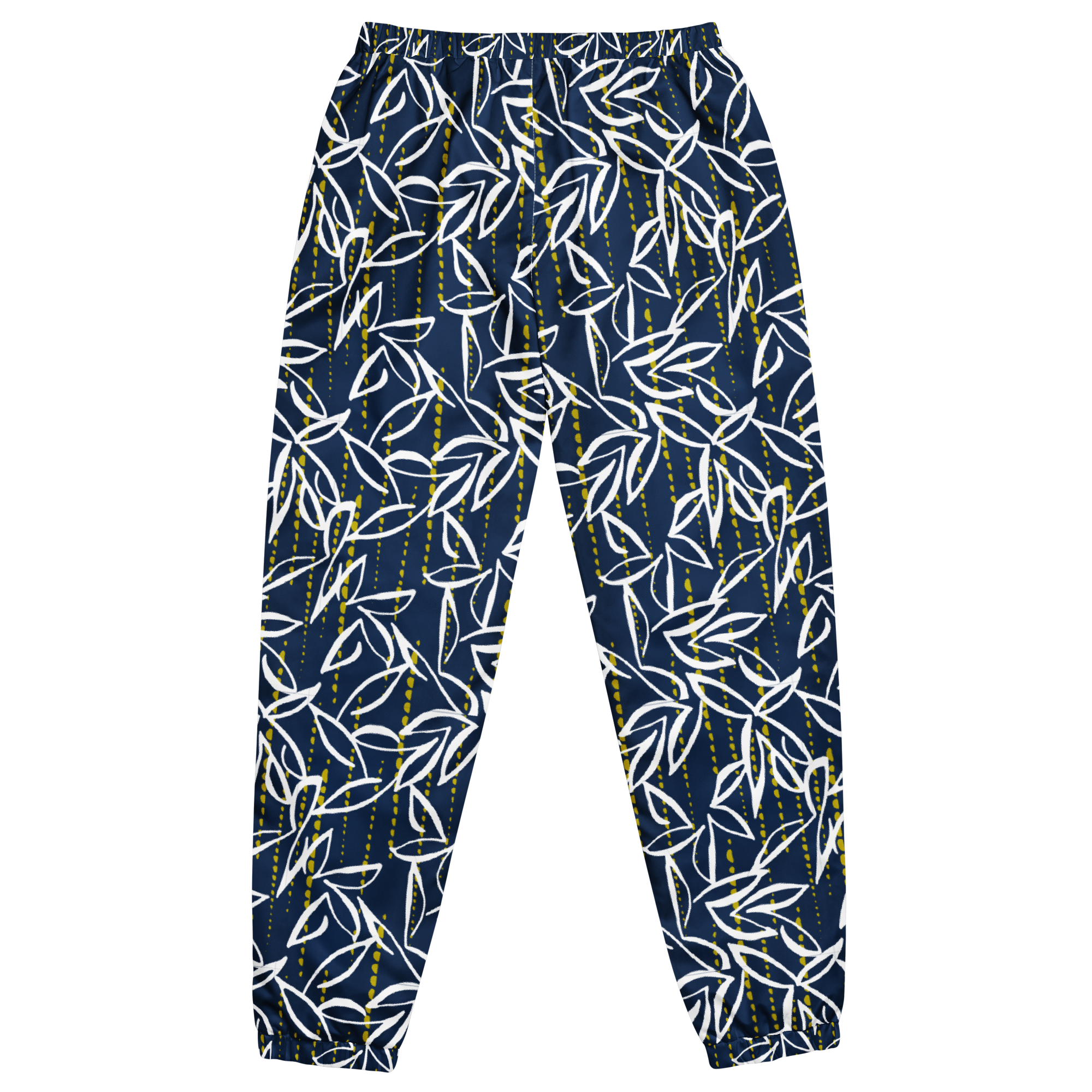 Navy blue pants with white leaf pattern on a white background