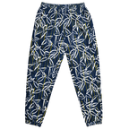 Navy blue pants with white leaf pattern on a white background