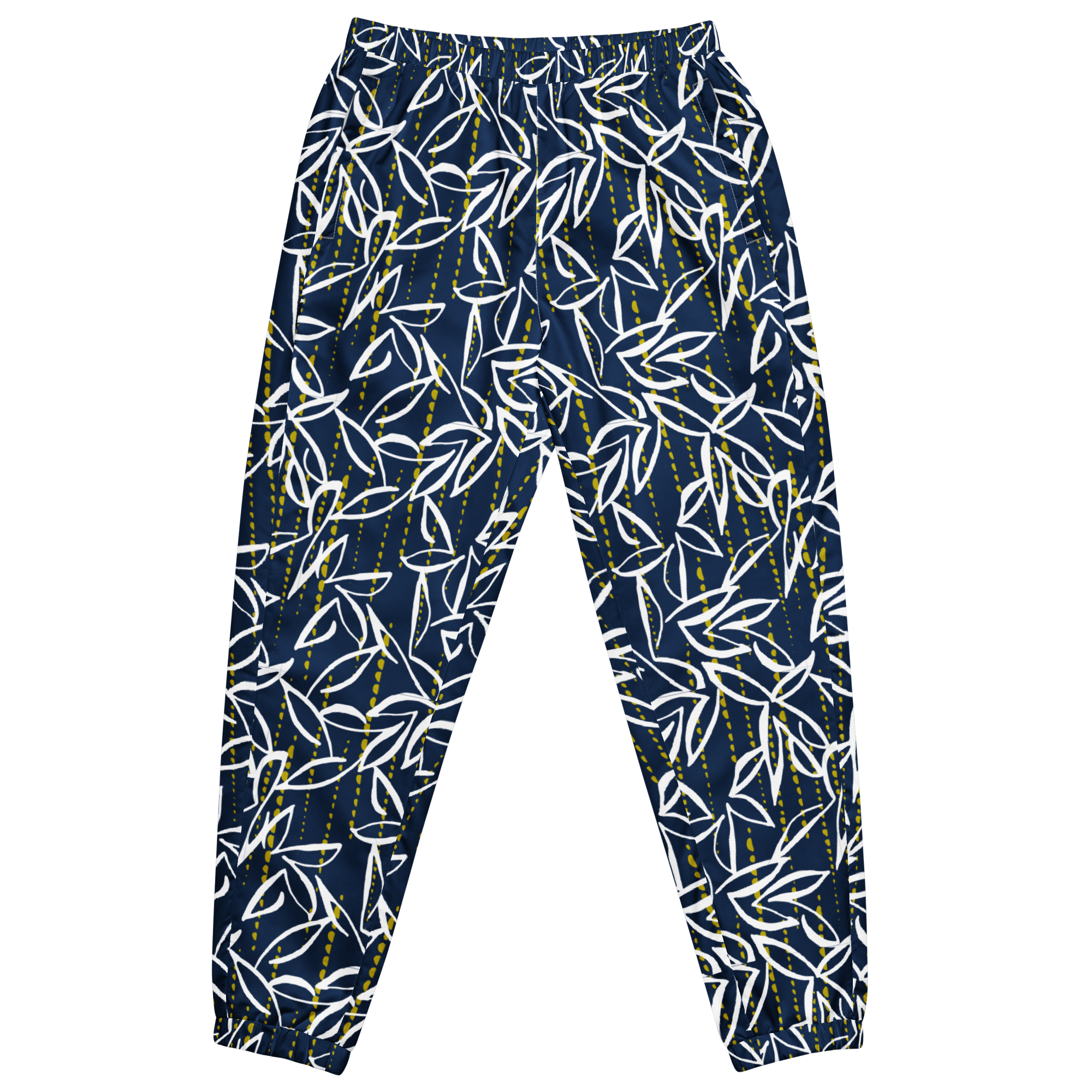 Navy blue pants with white leaf pattern on a white background